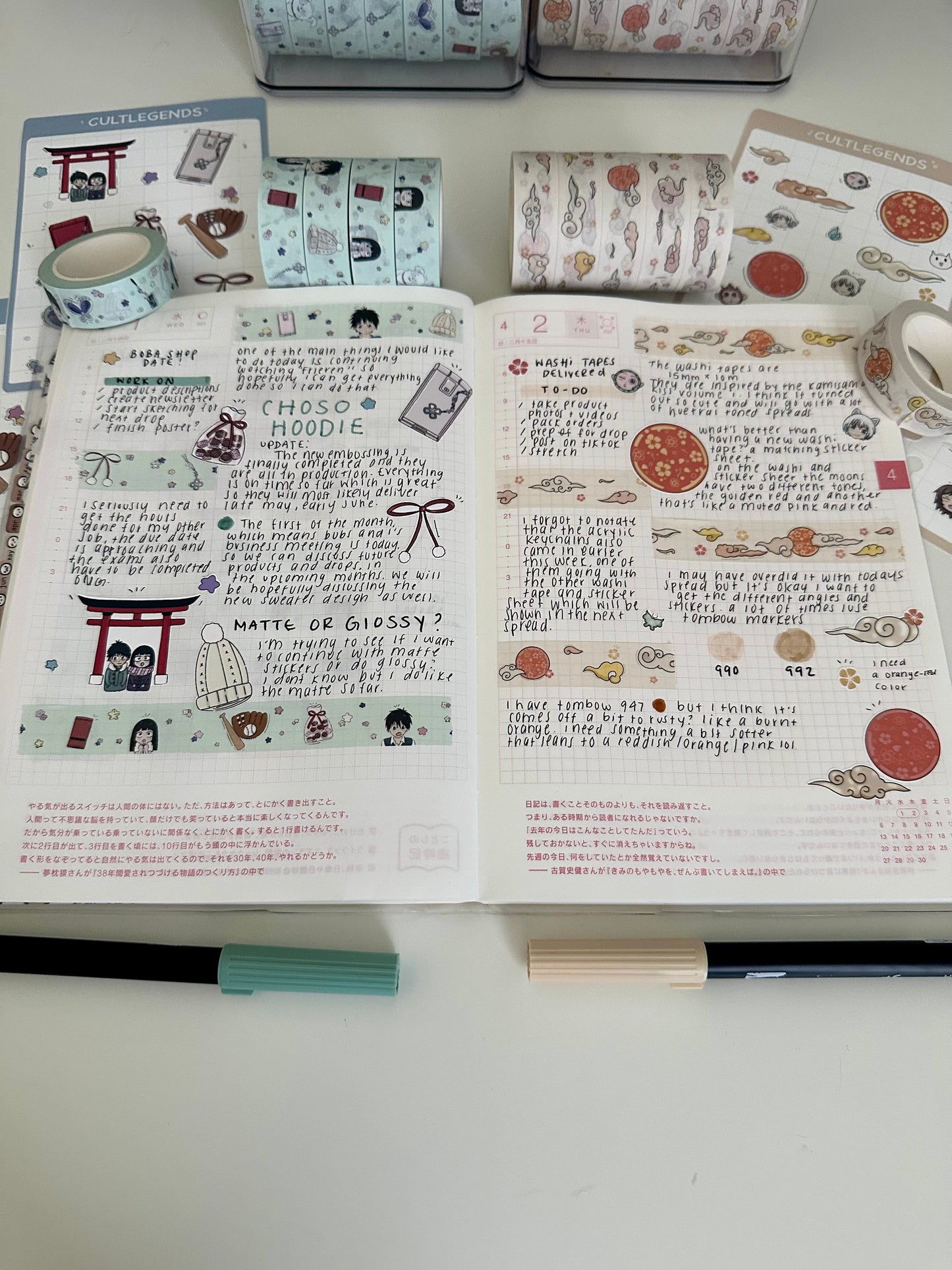 A Journal spread in my hobonichi cousin decorated with the Kiss of God and me to you stickers and washi tape.