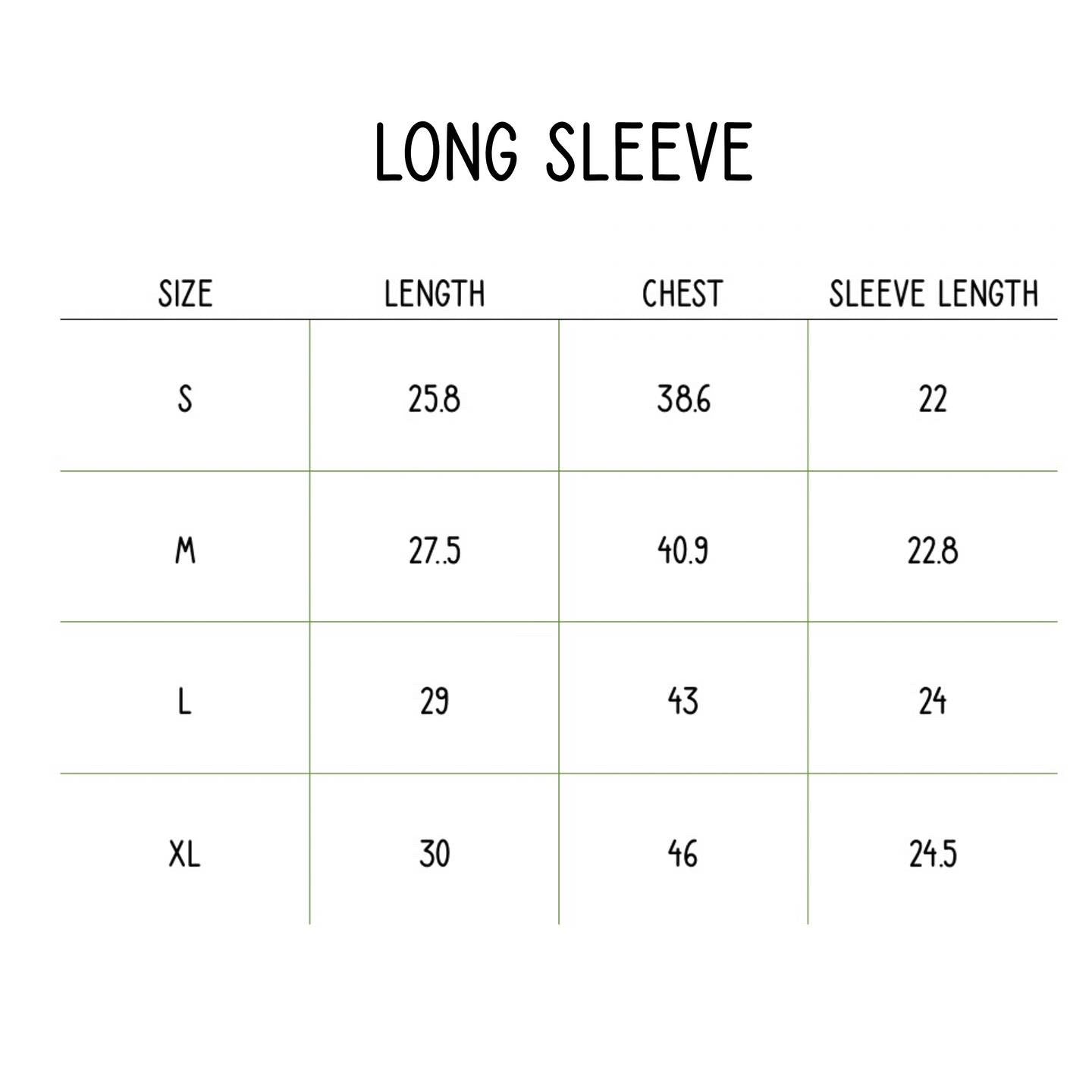 Long sleeve size chart