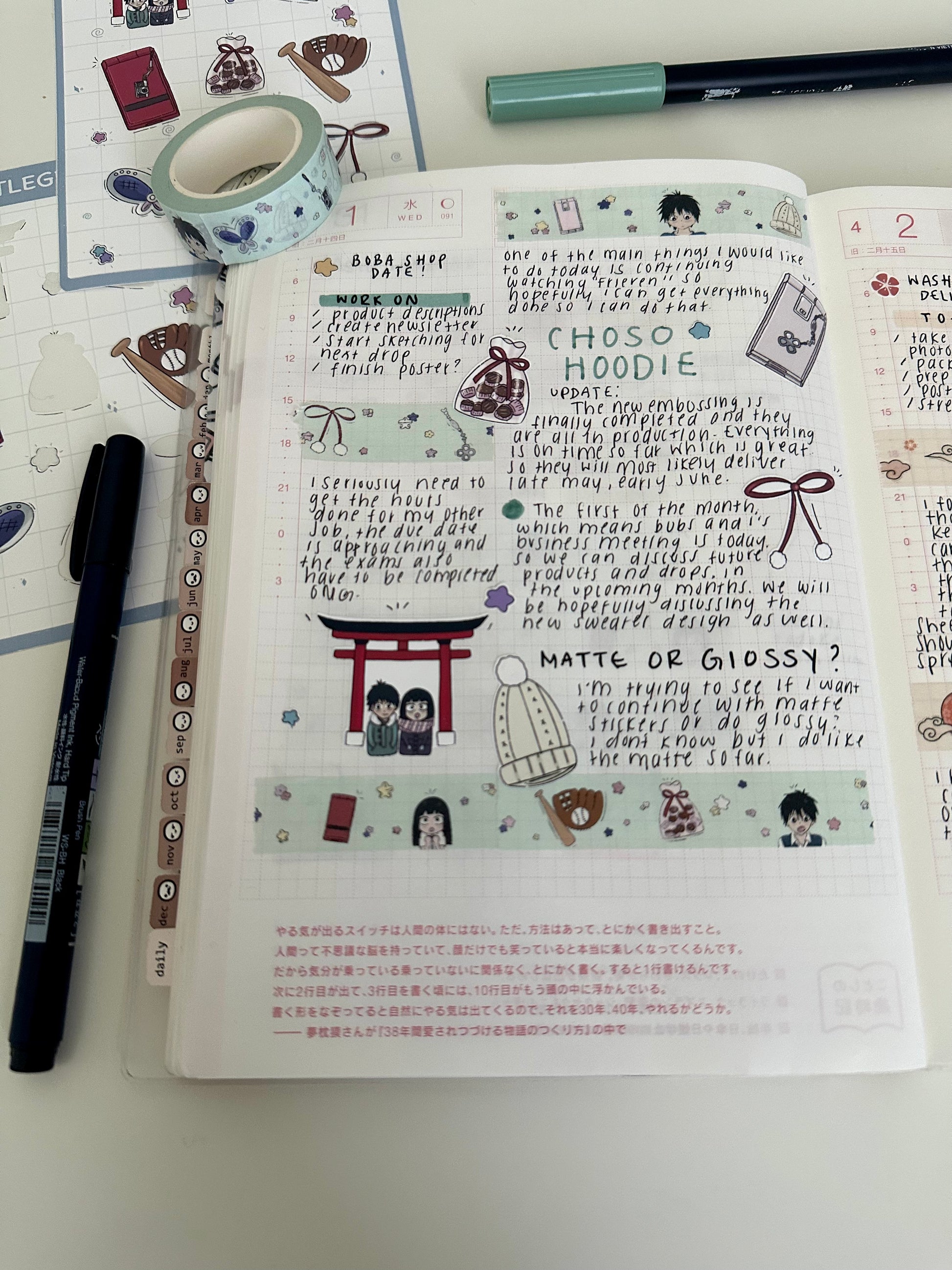 A Journal spread in my hobonichi cousin decorated with the Me too you stickers and washi tape.