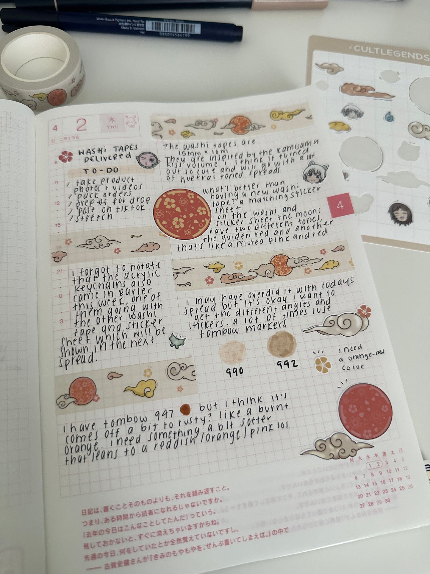 A Journal spread in my hobonichi cousin decorated with the Kiss of God stickers and washi tape.