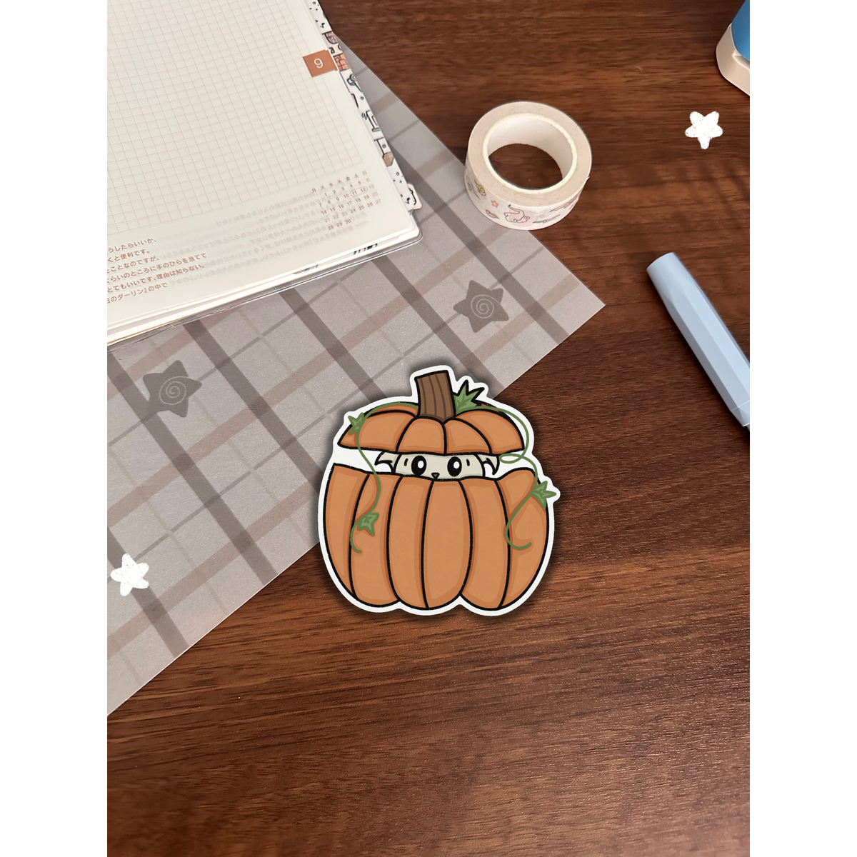 Lün in a pumpkin laying on top of a wooden desk with a journal  