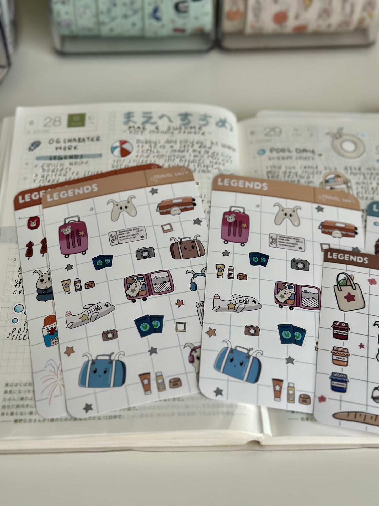 My travel day sticker sheet laying on my journal. 