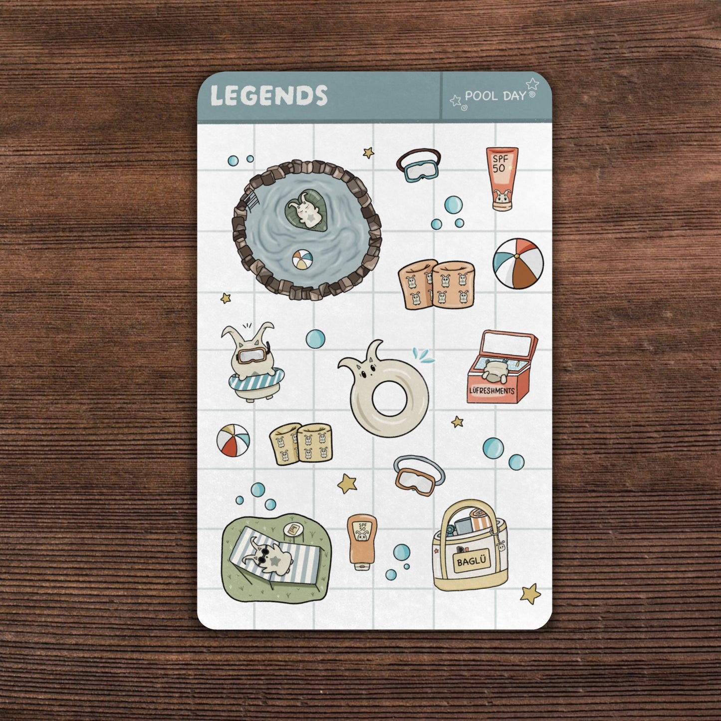 A 3.5x 5.5inch, Pool day theme sticker sheet with floaties, sunscreen, and bubbles. 