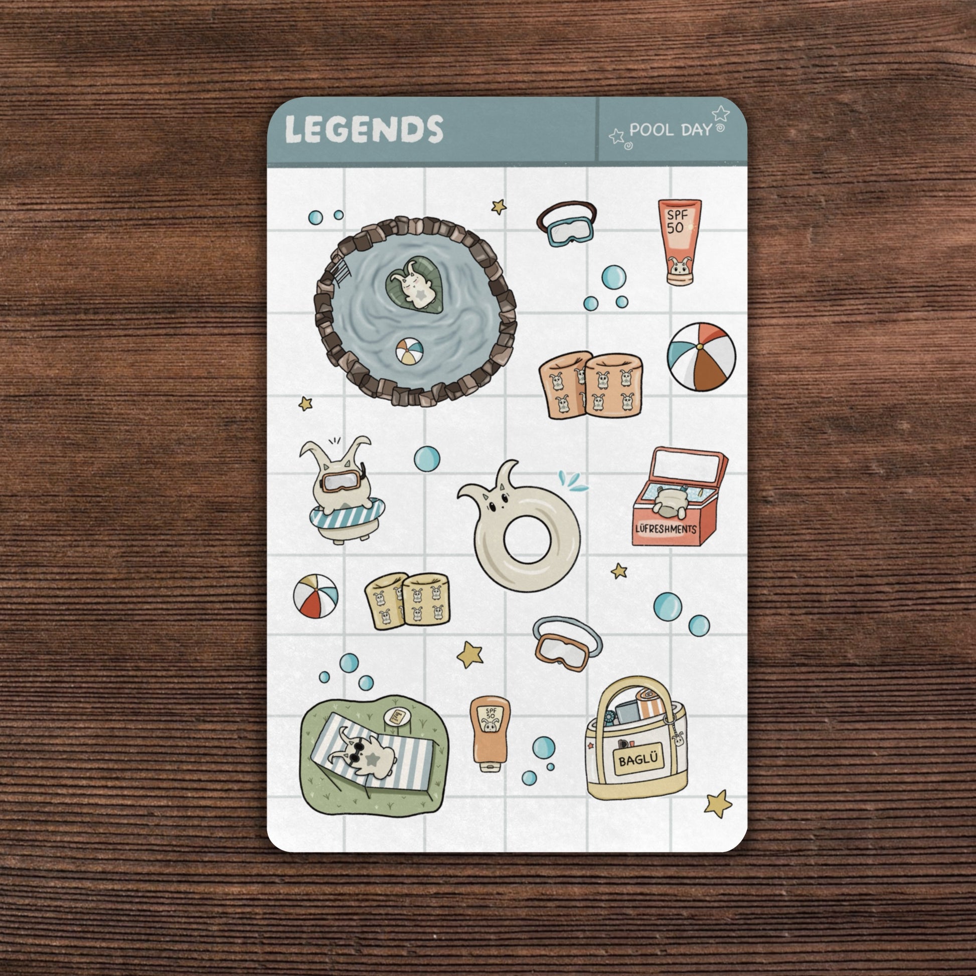 A 3.5x 5.5inch, Pool day theme sticker sheet with floaties, sunscreen, and bubbles. 
