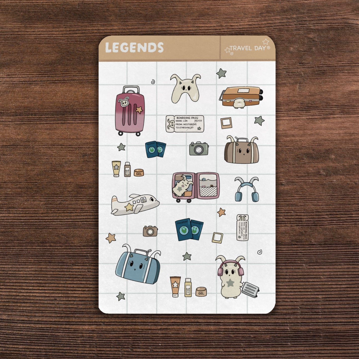 Travel day sticker sheet laying on wooden desk 